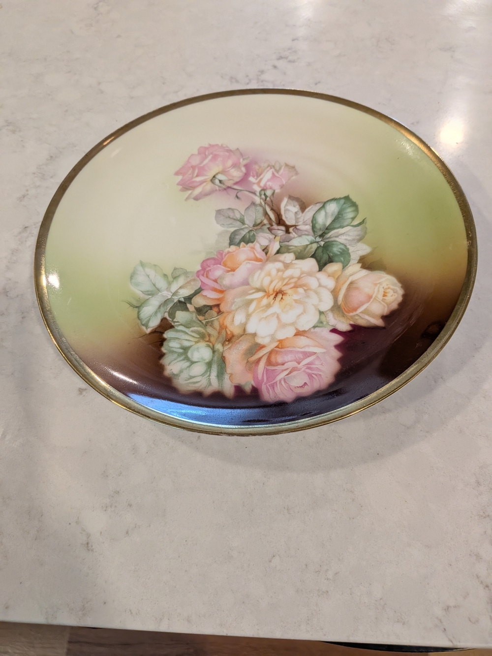 Floral Hand-Painted Porcelain Plate with Gold Trim - Pink & Green Roses Vintage
